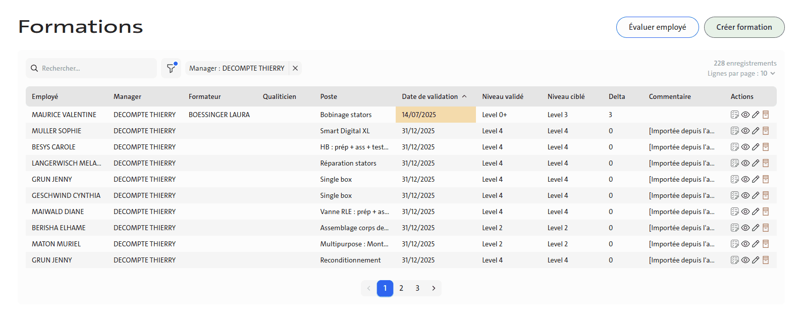 Capture d'écran de la page des formations